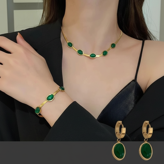 Oval Green Crystal Pendant Necklace Set With Bracelet
